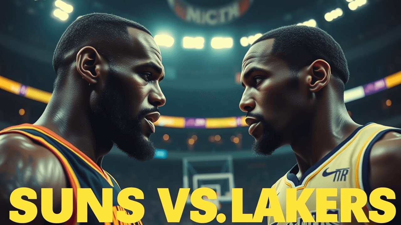 create a realitic clickbait thumbnail of Suns vs Lakers A Clash of Titans in the NBA Spotlight