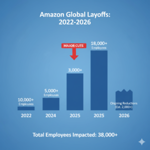 Insert WebP image here: Graph showing Amazon layoff timeline 2022-2026 (bar chart with years and numbers).ALT text: Timeline of Amazon layoffs from 2022 to 2026 showing major cuts including 18000 in 2023 and ongoing 2026 reductionsFile: amazon-layoffs-timeline-2026.webp (compressed under 100KB)