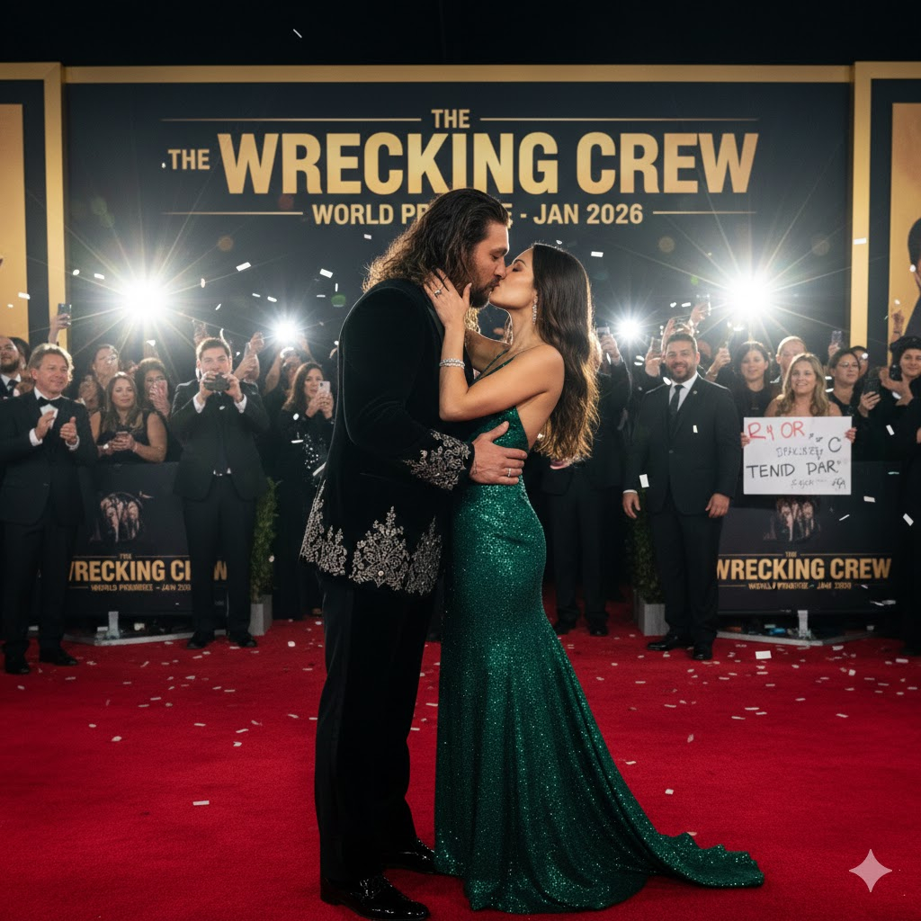 Red carpet shot from The Wrecking Crew premiere 2026. WebP format, ALT: "Jason Momoa and Adria Arjona kissing at 2026 red carpet event