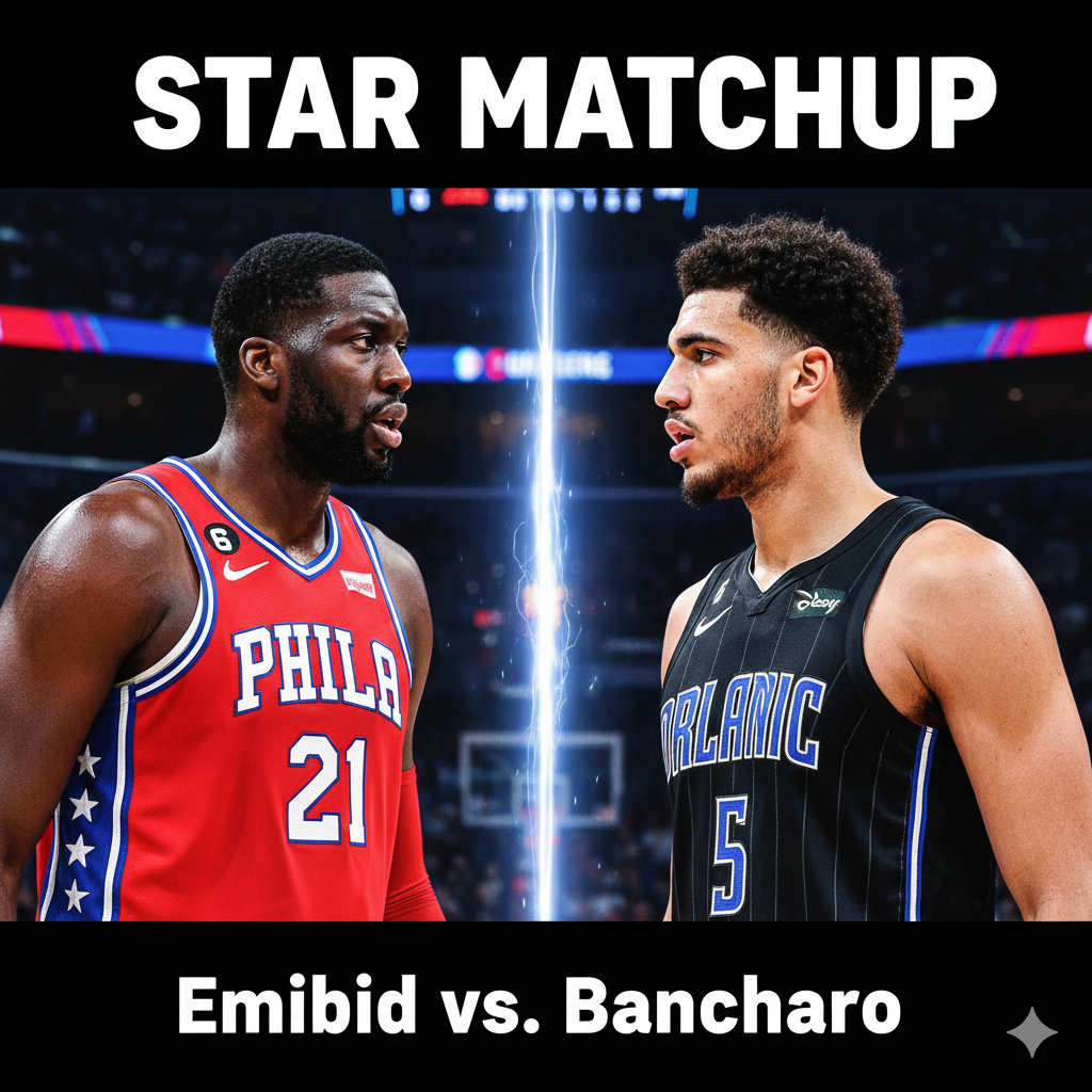 Insert WebP image here: Split image of Embiid and Banchero facing off.
ALT text: Star matchup in 76ers vs Orlando Magic rivalry 2026
File size: Under 120KB (compressed WebP recommended)
