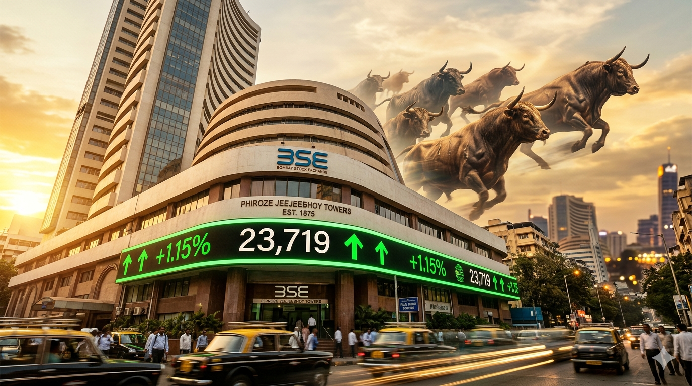 Sensex Surges 232 Points, Nifty Closes at 23,719 — What Drove the Rally Today