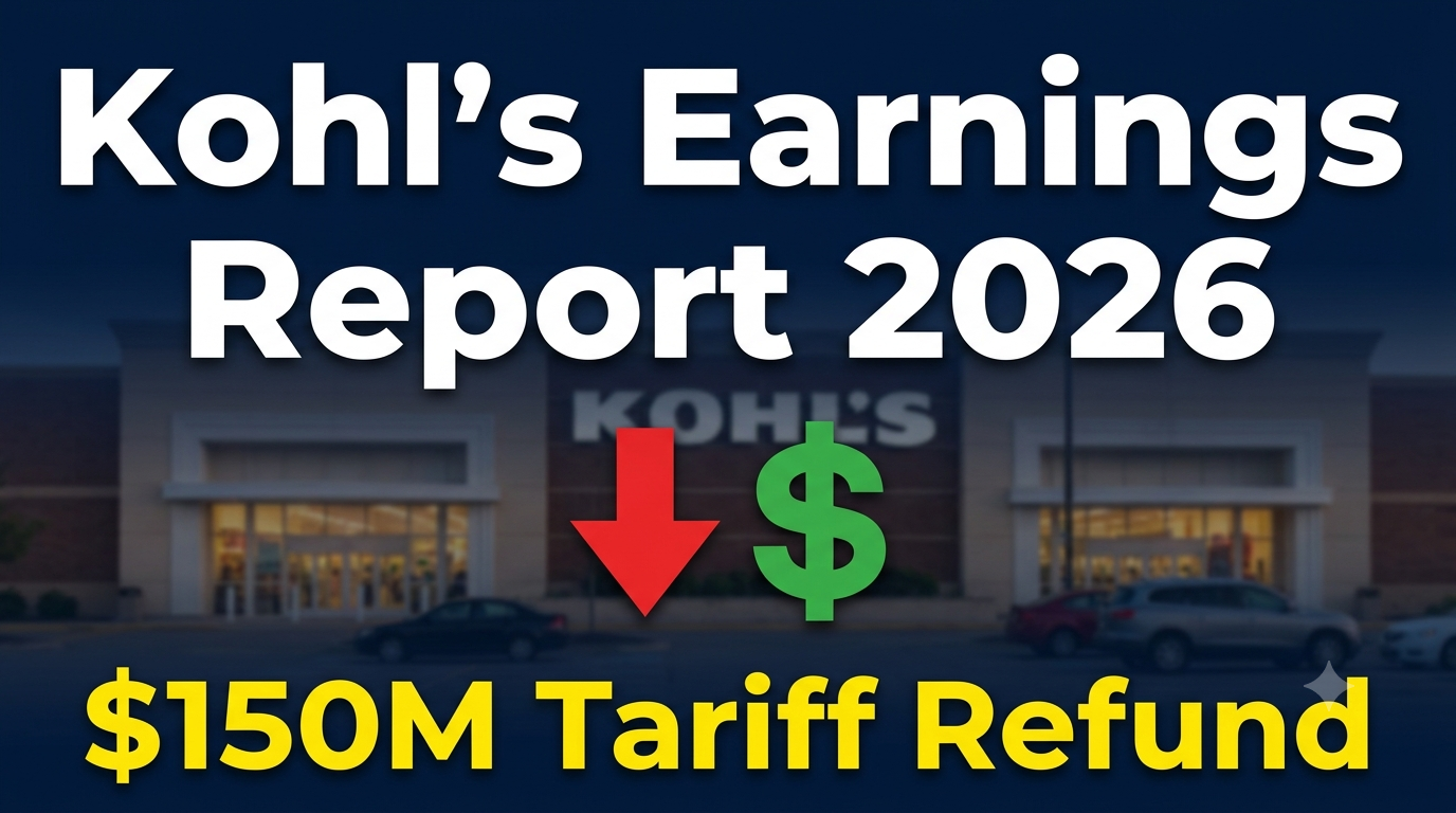 A bold editorial-style blog thumbnail with a dark navy blue background. Large white bold text reads "Kohl's Earnings Report 2026" at the top. A red downward arrow graphic sits prominently in the center alongside a green upward dollar sign icon, symbolizing mixed financial results. A subtle faded image of a Kohl's storefront is in the background. Bottom text in yellow reads "$150M Tariff Refund". Clean, modern, high contrast. 16:9 aspect ratio.